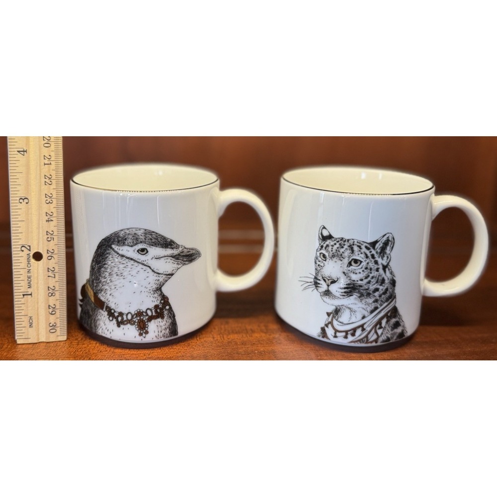 West Elm Black White Animal Mug Set Penguin Leopard Porcelain Coffee Cups - Picture 9 of 10